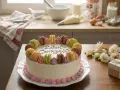 Torta di compleanno con macarons colorati e decorazioni rosa. Un regalo perfetto per un uomo speciale.