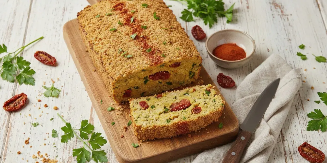 Delizioso polpettone di ceci con pomodori secchi e prezzemolo, croccante fuori e morbido dentro. Perfetto per un pasto vegetariano.