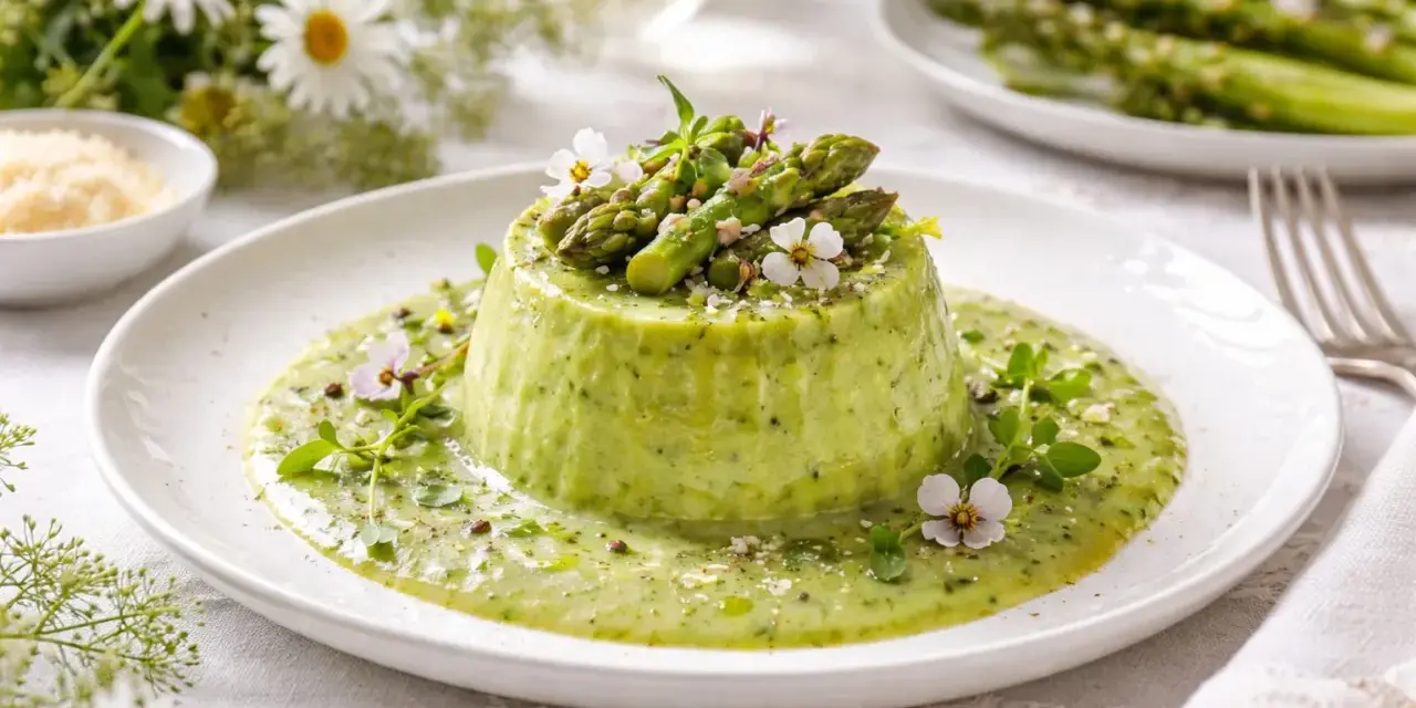Delicato flan di asparagi con fonduta, guarnito con germogli freschi e fiori eduli. Un piatto primaverile che celebra il sapore degli asparagi.
