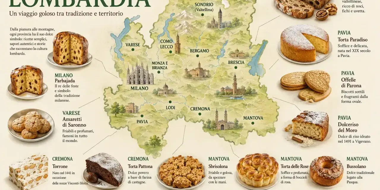 Mappa della Lombardia con i suoi dolci tipici: Panettone, Amaretti di Saronno, Torta Paradiso e altri deliziosi dolci italiani.