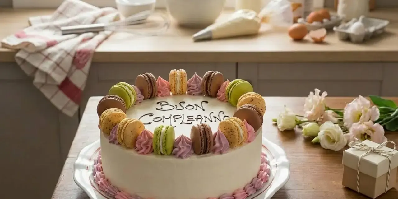 Torta di compleanno con macarons colorati e decorazioni rosa. Un regalo perfetto per un uomo speciale.