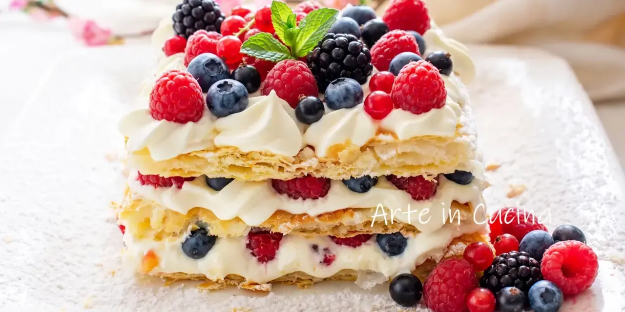 Delizioso millefoglie con frutta fresca, panna montata e un tocco di zucchero a velo. Un tripudio di lamponi, mirtilli e more.