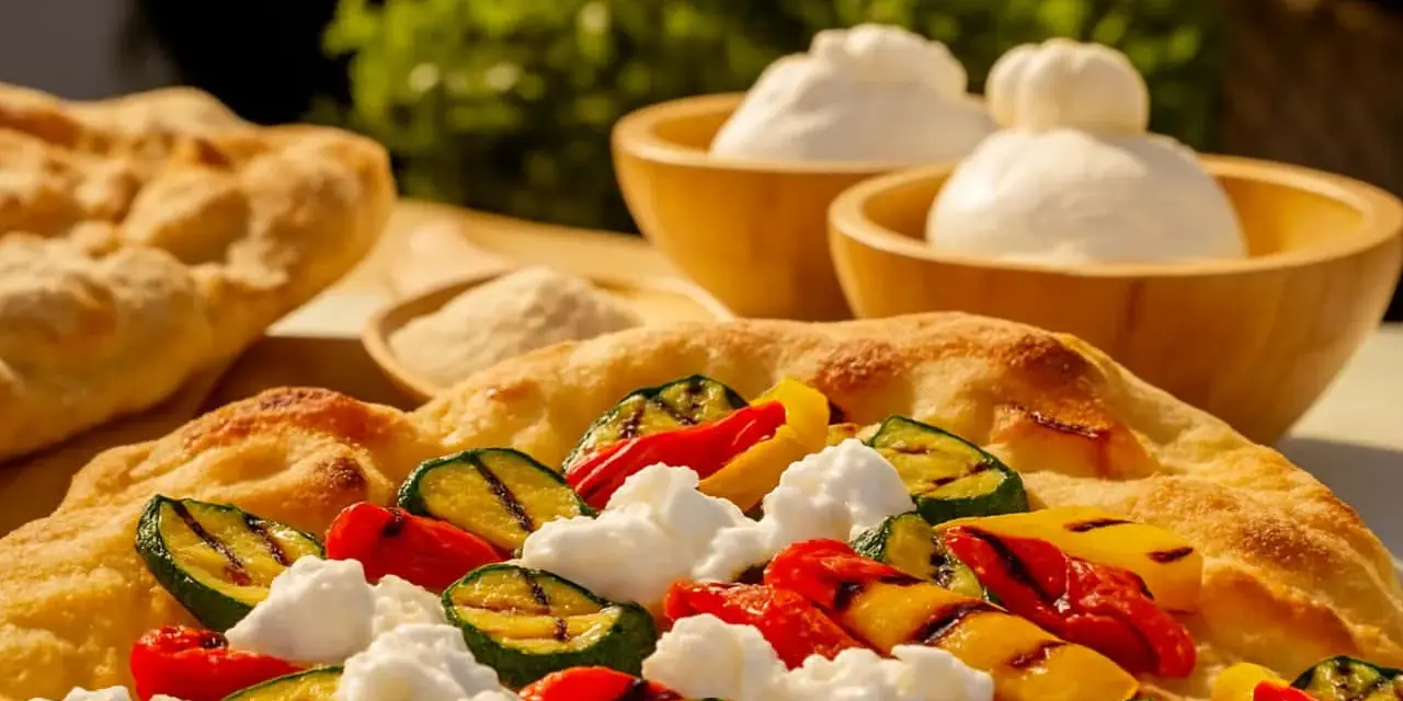 Pinsa crudo e burrata con verdure grigliate: zucchine, peperoni rossi e gialli, e soffice burrata su una base croccante.