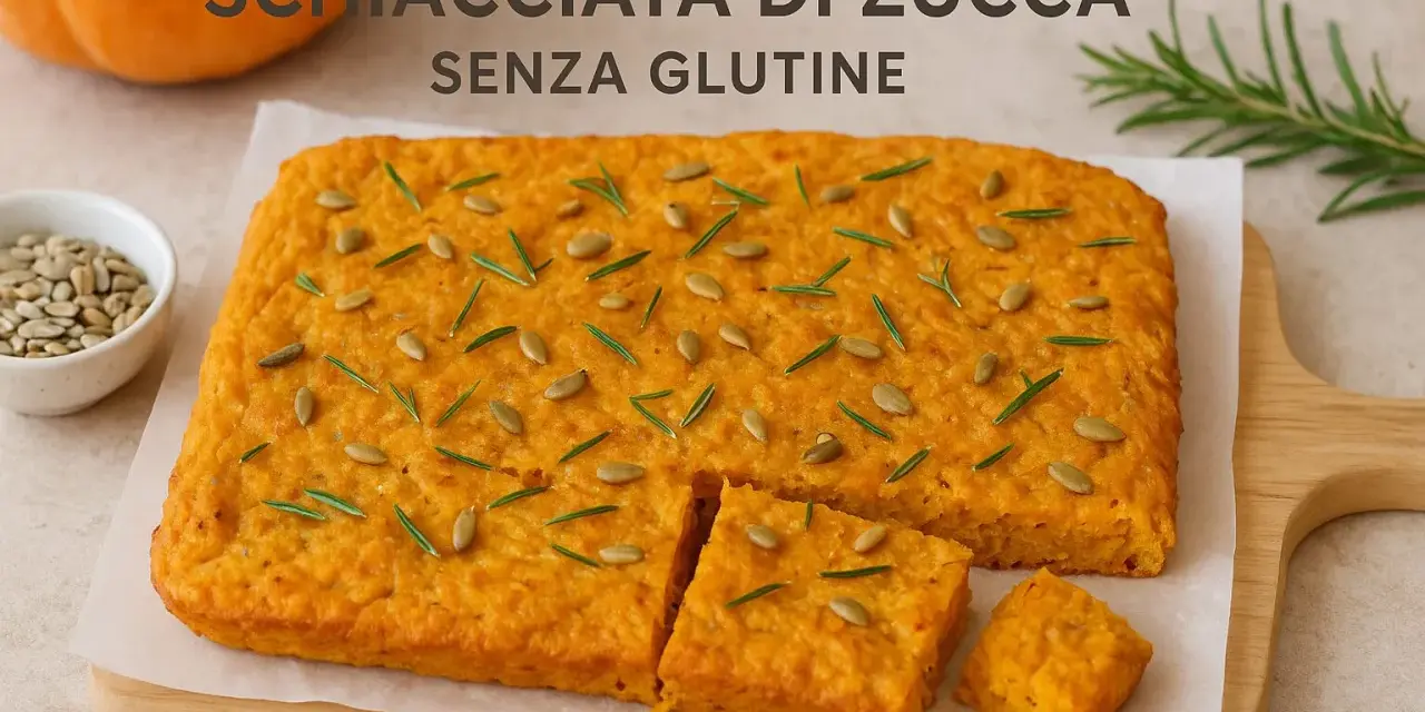 Schiacciata di zucca senza farina, guarnita con semi di zucca e rosmarino. Un'idea gustosa e salutare.