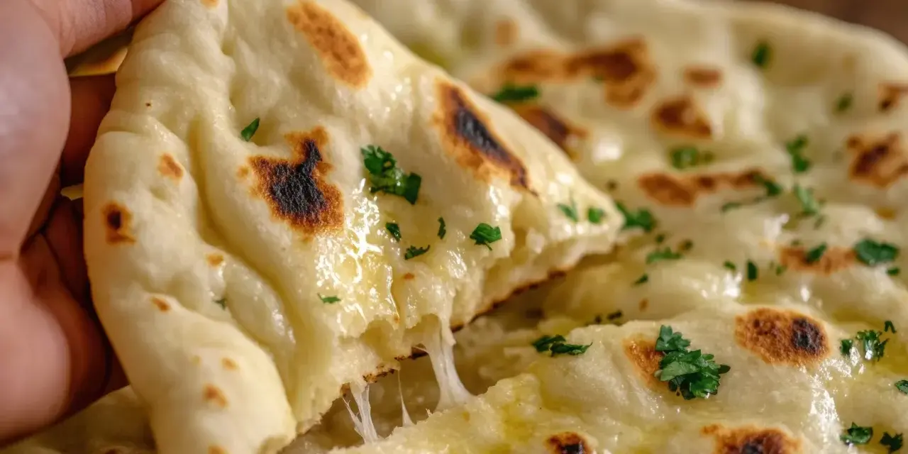 Una mano strappa un pezzo di naan al formaggio filante, cosparso di prezzemolo fresco e burro fuso.
