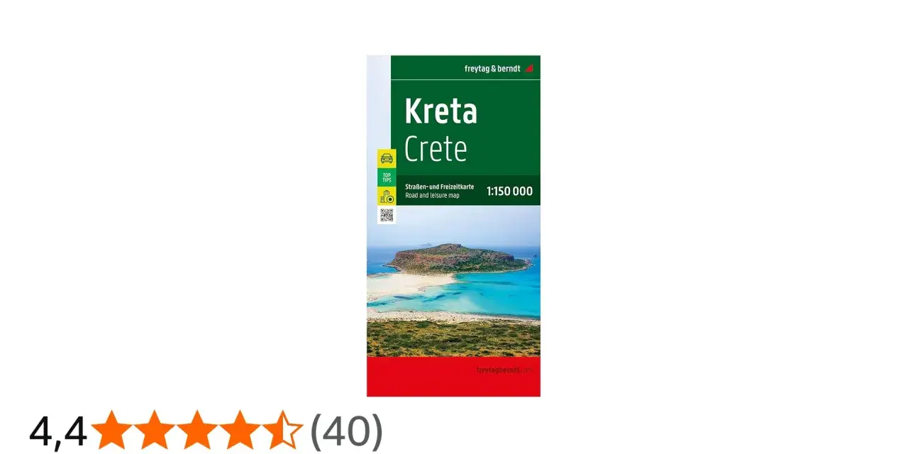 Mappa stradale e per il tempo libero di Kreta, con un'isola e acque turchesi. Perfetta per esplorare questa perla del Mediterraneo.