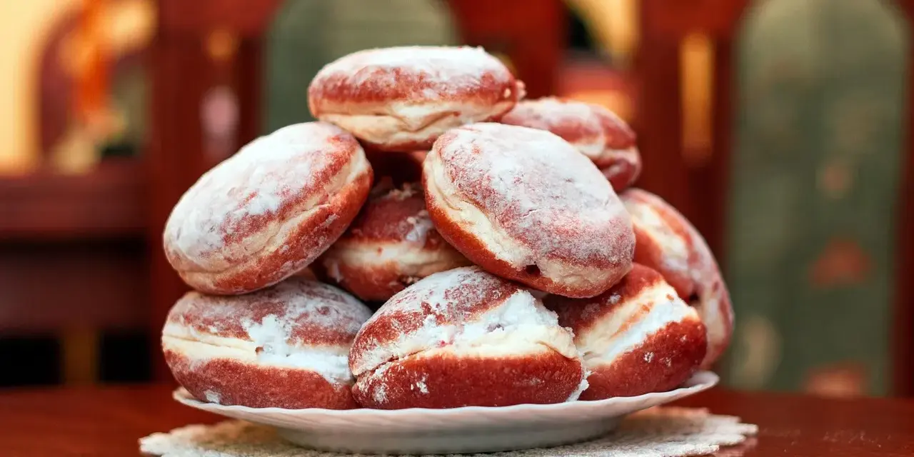 Pila di bomboloni zuccherati, pronti per il tłusty czwartek. Deliziosi dolcetti che invitano a festeggiare.
