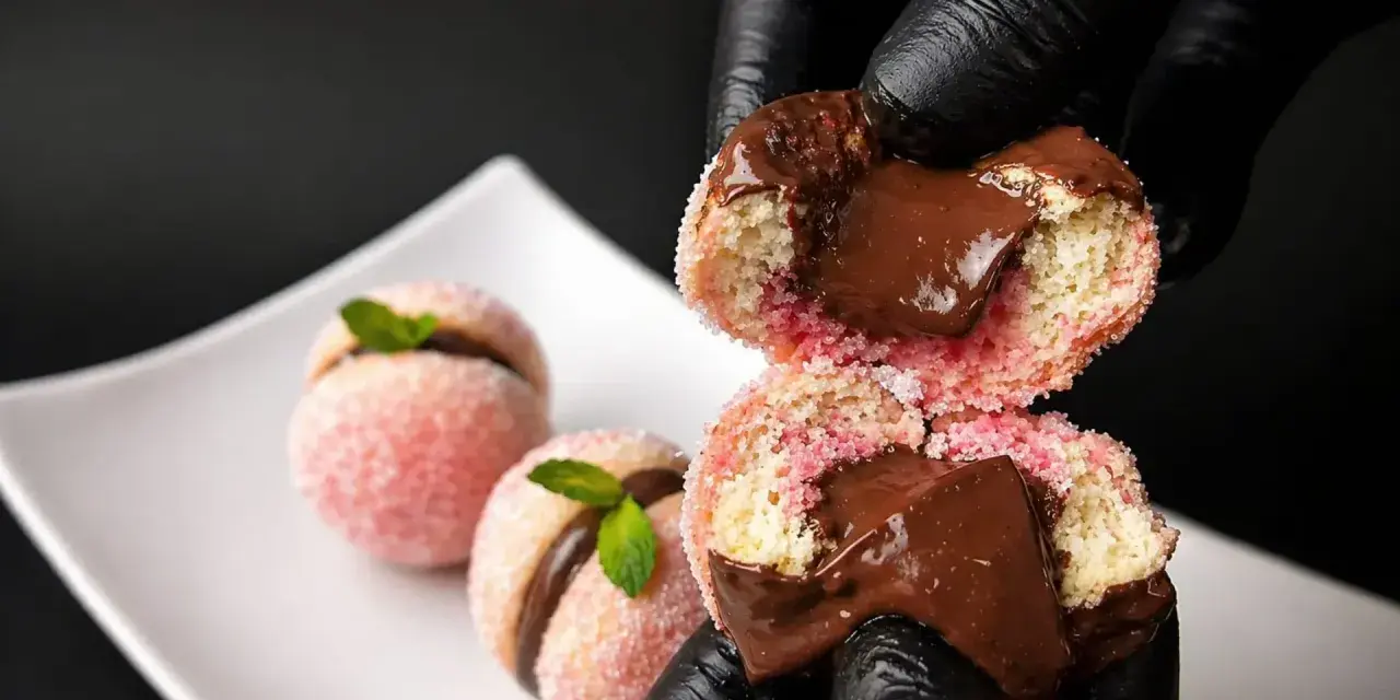 Dolci pesche al cioccolato, con un ripieno cremoso e una copertura zuccherina, pronte per essere gustate.