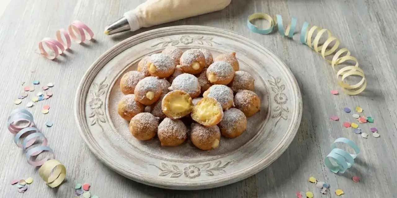 Castagnole ripiene di crema, spolverate di zucchero a velo, pronte per Carnevale. Un'idea golosa con yogurt greco per un tocco fresco.