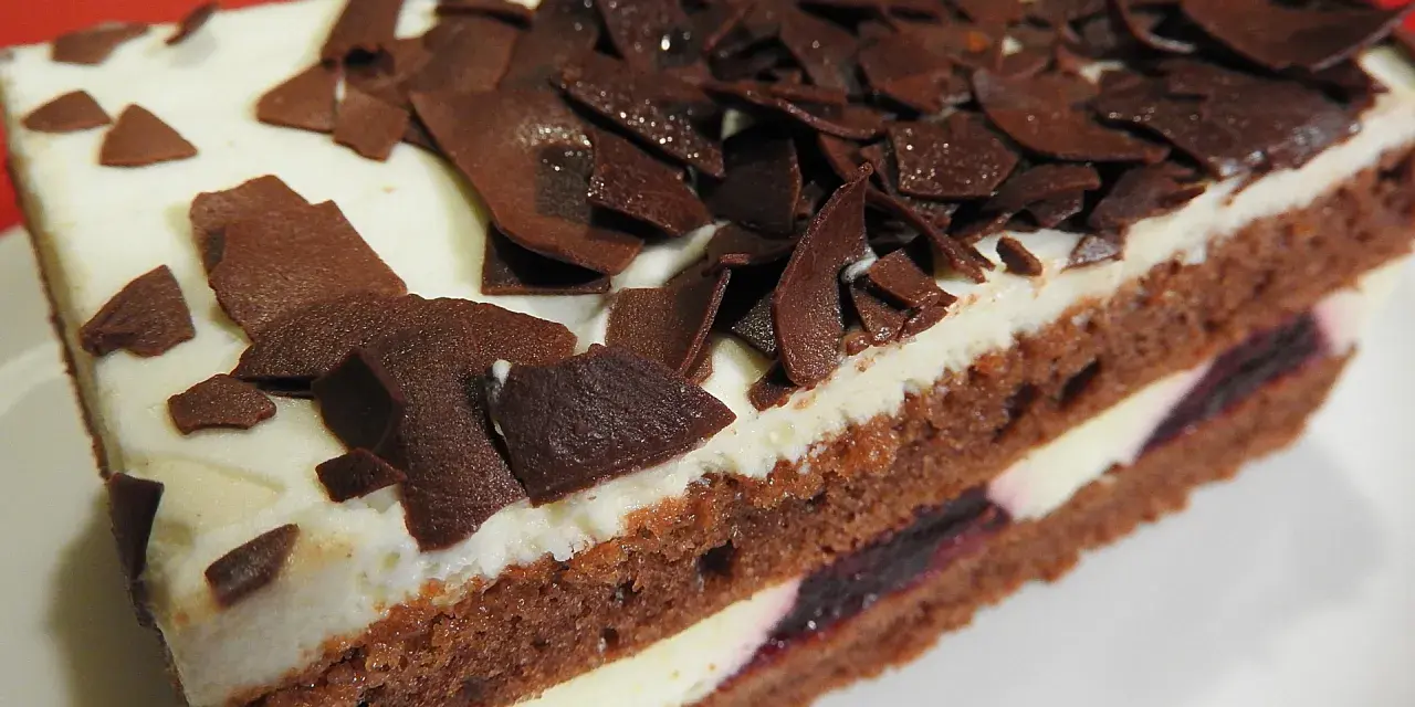 Una fetta di torta foresta nera di Montersino, con pan di Spagna al cacao, panna montata e ciliegie, decorata con riccioli di cioccolato.