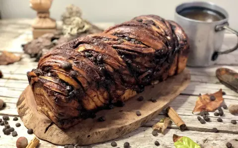 Babka ponczowa, intrecciata e ricca di gocce di cioccolato, pronta per essere gustata con una tazza di caffè.