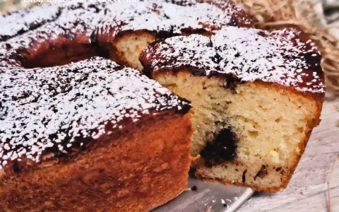 Deliziosa torta al cioccolato con farina di riso e yogurt, spolverata di zucchero a velo.