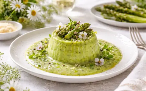 Delicato flan di asparagi con fonduta, guarnito con germogli freschi e fiori eduli. Un piatto primaverile che celebra il sapore degli asparagi.