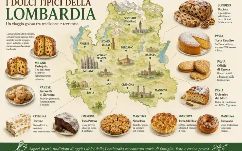 Mappa della Lombardia con i suoi dolci tipici: Panettone, Amaretti di Saronno, Torta Paradiso e altri deliziosi dolci italiani.