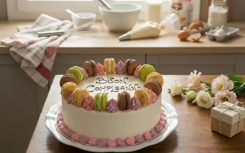 Torta di compleanno con macarons colorati e decorazioni rosa. Un regalo perfetto per un uomo speciale.