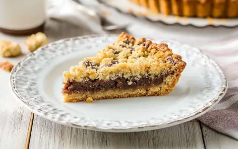 Una fetta di torta con crosta croccante e ripieno scuro, perfetta per il kruszonka przepis podstawowy.