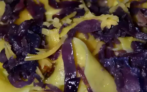 Paszteciki con cavolo rosso e funghi, un piatto saporito e colorato.