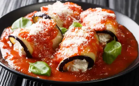 Involtini di melanzane vegetariani ripieni di ricotta, coperti da sugo di pomodoro e parmigiano, guarniti con basilico fresco.