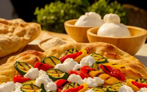 Pinsa crudo e burrata con verdure grigliate: zucchine, peperoni rossi e gialli, e soffice burrata su una base croccante.