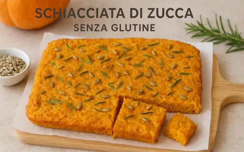 Schiacciata di zucca senza farina, guarnita con semi di zucca e rosmarino. Un'idea gustosa e salutare.