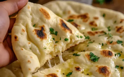 Una mano strappa un pezzo di naan al formaggio filante, cosparso di prezzemolo fresco e burro fuso.