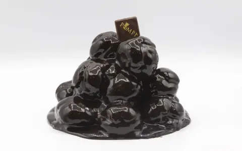 Torta profitterol compleanno, un tripudio di cioccolato lucido e goloso, coronata da un quadratino con logo.