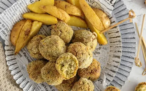 Polpette di verza e ricotta dorate e croccanti, servite con spicchi di patate fritte su carta di giornale.