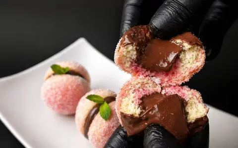 Dolci pesche al cioccolato, con un ripieno cremoso e una copertura zuccherina, pronte per essere gustate.