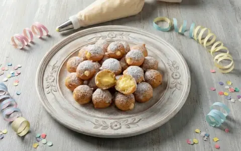 Castagnole ripiene di crema, spolverate di zucchero a velo, pronte per Carnevale. Un'idea golosa con yogurt greco per un tocco fresco.