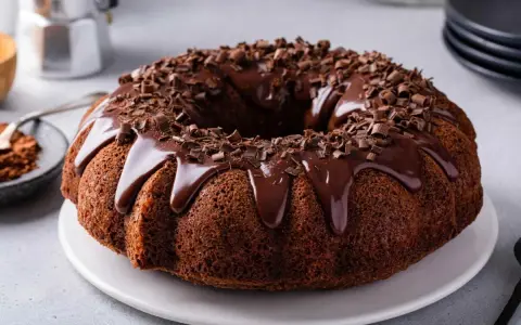 Delizioso ciambellone al cioccolato, perfetto per il tuo lukier przepis. Glassa lucida e scaglie di cioccolato per un tocco goloso.