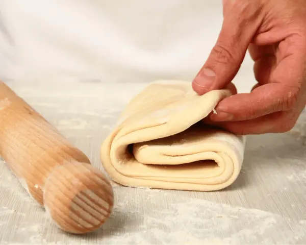 Mano che piega un impasto stratificato, pronto per diventare delizioso **ciasto francuskie**. Un mattarello è accanto.