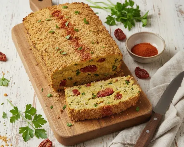 Delizioso polpettone di ceci con pomodori secchi e prezzemolo, croccante fuori e morbido dentro. Perfetto per un pasto vegetariano.