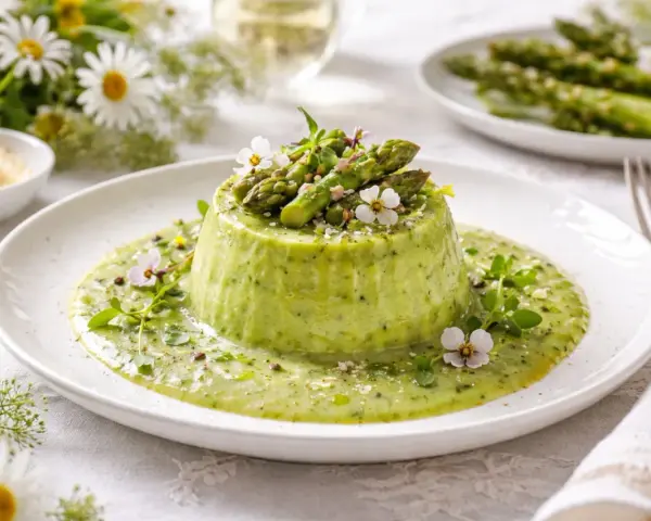 Delicato flan di asparagi con fonduta, guarnito con germogli freschi e fiori eduli. Un piatto primaverile che celebra il sapore degli asparagi.