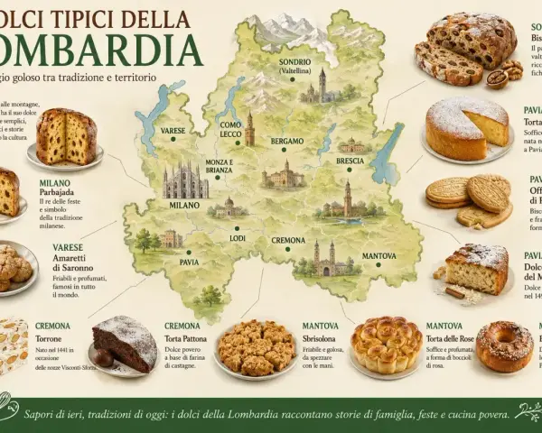 Mappa della Lombardia con i suoi dolci tipici: Panettone, Amaretti di Saronno, Torta Paradiso e altri deliziosi dolci italiani.