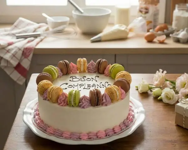 Torta di compleanno con macarons colorati e decorazioni rosa. Un regalo perfetto per un uomo speciale.