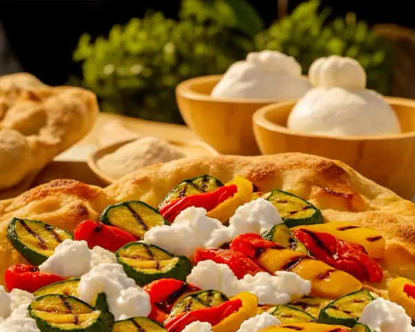 Pinsa crudo e burrata con verdure grigliate: zucchine, peperoni rossi e gialli, e soffice burrata su una base croccante.
