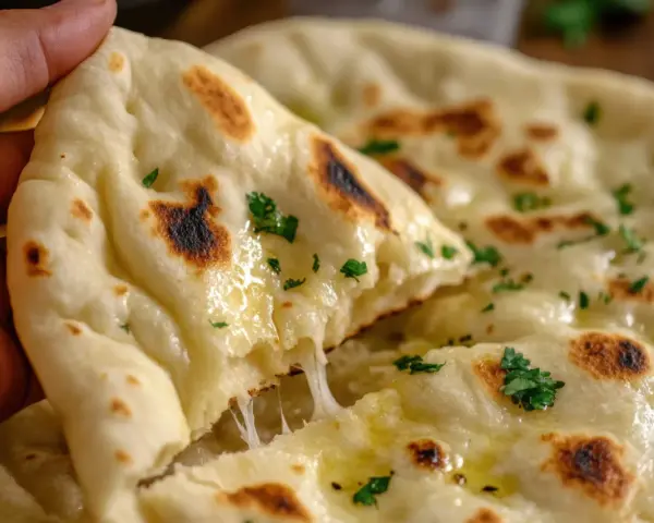 Una mano strappa un pezzo di naan al formaggio filante, cosparso di prezzemolo fresco e burro fuso.