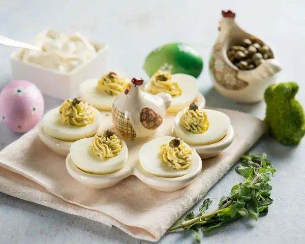 Uova ripiene vegetariane con ceci, guarnite con capperi e erbe aromatiche, su un piatto decorato con galline e uova pasquali.