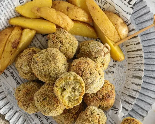 Polpette di verza e ricotta dorate e croccanti, servite con spicchi di patate fritte su carta di giornale.