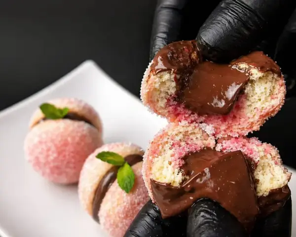 Dolci pesche al cioccolato, con un ripieno cremoso e una copertura zuccherina, pronte per essere gustate.