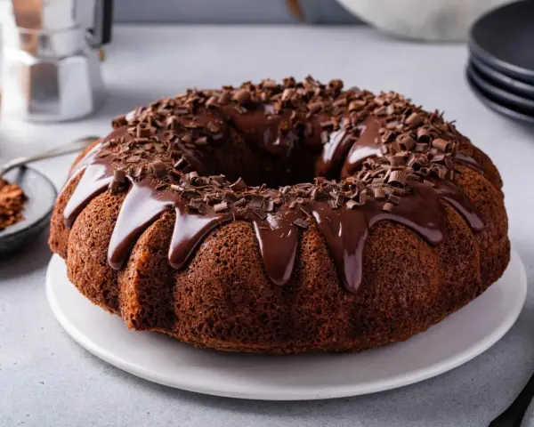 Delizioso ciambellone al cioccolato, perfetto per il tuo lukier przepis. Glassa lucida e scaglie di cioccolato per un tocco goloso.