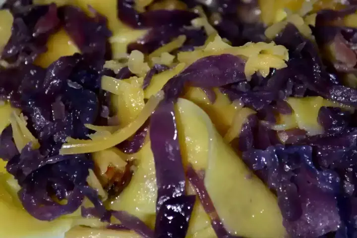 Paszteciki con cavolo rosso e funghi, un piatto saporito e colorato.