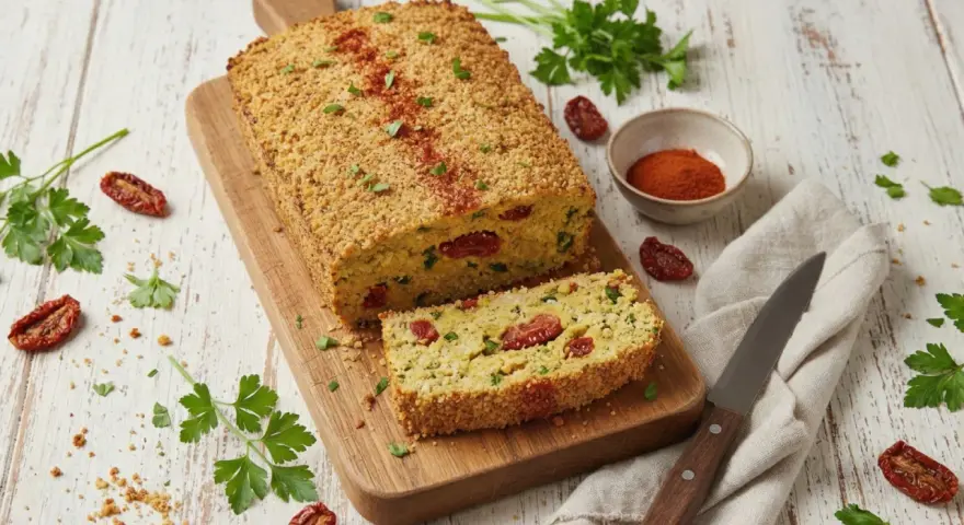 Delizioso polpettone di ceci con pomodori secchi e prezzemolo, croccante fuori e morbido dentro. Perfetto per un pasto vegetariano.