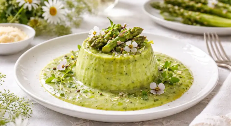 Delicato flan di asparagi con fonduta, guarnito con germogli freschi e fiori eduli. Un piatto primaverile che celebra il sapore degli asparagi.