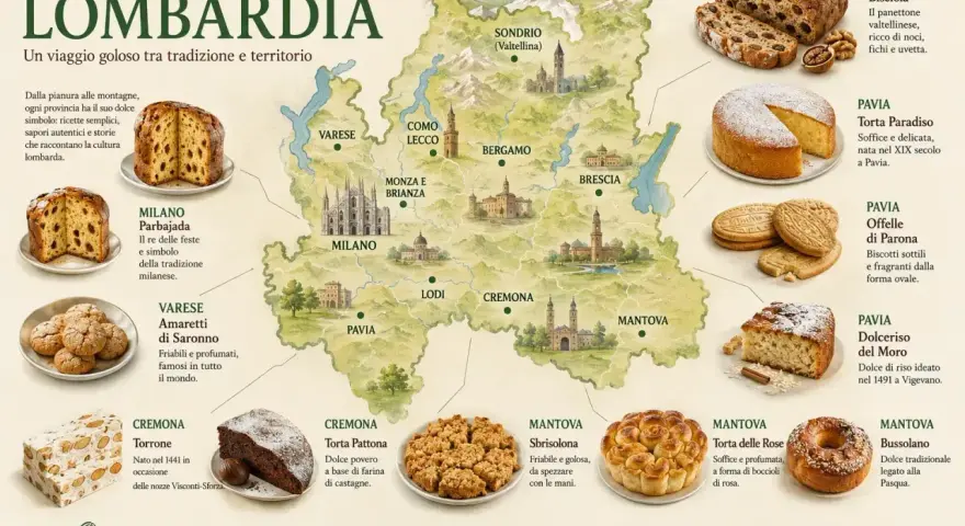 Mappa della Lombardia con i suoi dolci tipici: Panettone, Amaretti di Saronno, Torta Paradiso e altri deliziosi dolci italiani.
