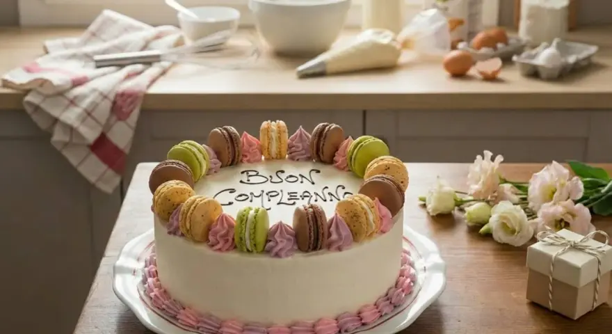 Torta di compleanno con macarons colorati e decorazioni rosa. Un regalo perfetto per un uomo speciale.