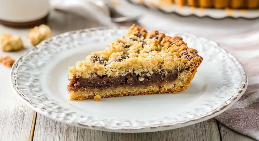 Una fetta di torta con crosta croccante e ripieno scuro, perfetta per il kruszonka przepis podstawowy.