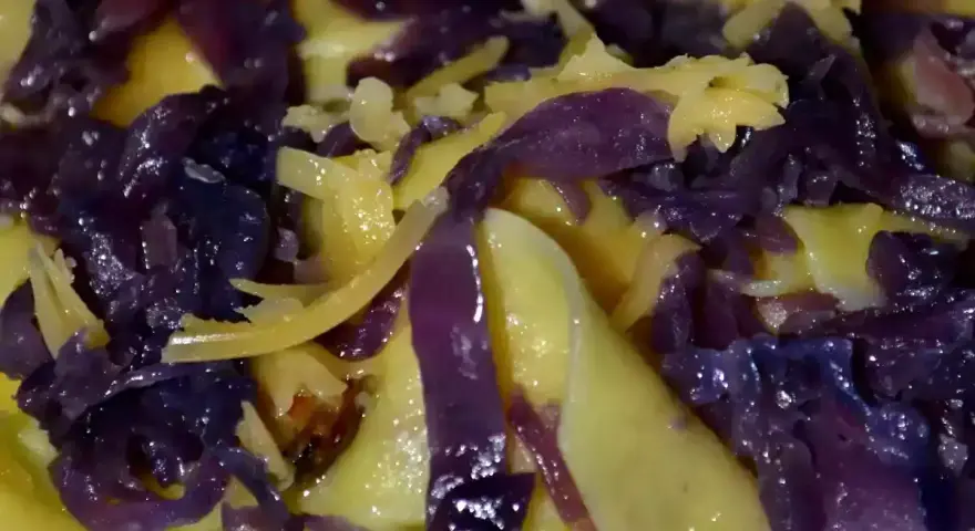 Paszteciki con cavolo rosso e funghi, un piatto saporito e colorato.