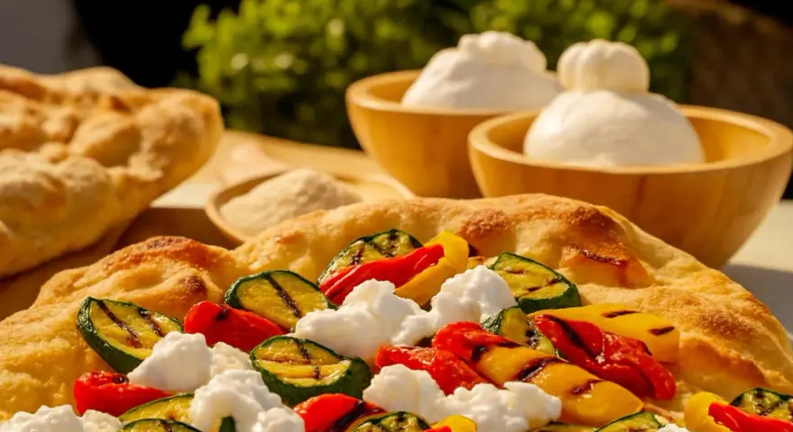 Pinsa crudo e burrata con verdure grigliate: zucchine, peperoni rossi e gialli, e soffice burrata su una base croccante.