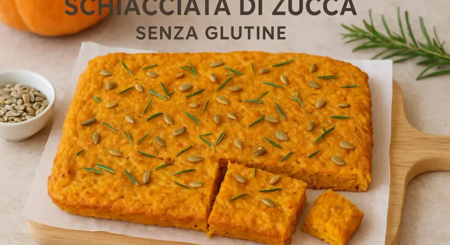 Schiacciata di zucca senza farina, guarnita con semi di zucca e rosmarino. Un'idea gustosa e salutare.